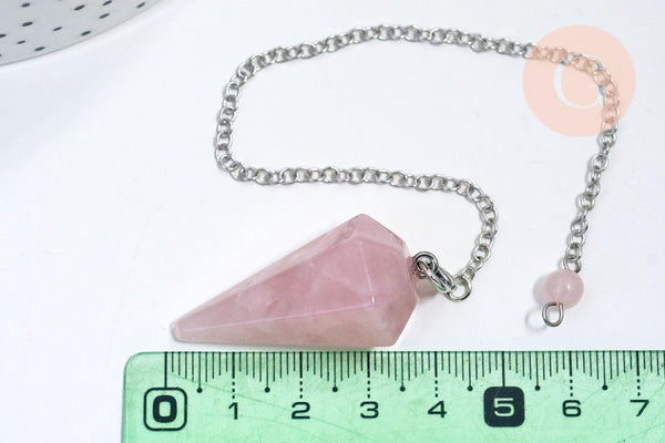 Pendule radiesthésie Quartz rose naturel chaine argent, pendule magnétisme, litotherapie,création bijoux,23cm, x1 G5347