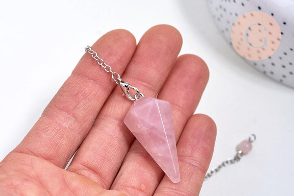 Pendule radiesthésie Quartz rose naturel chaine argent, pendule magnétisme, litotherapie,création bijoux,23cm, x1 G5347