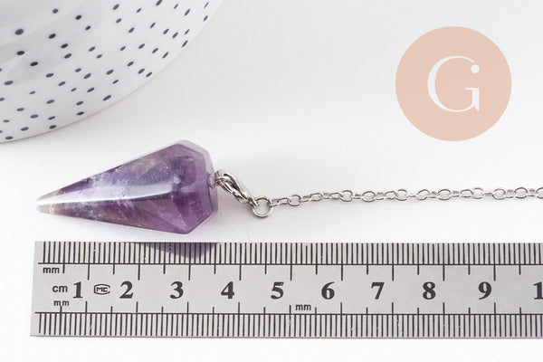 Pendule radiesthésie améthyste naturel chaine argentée, pendule magnétisme, litotherapie,création bijoux,23cm, x1 (G6737)