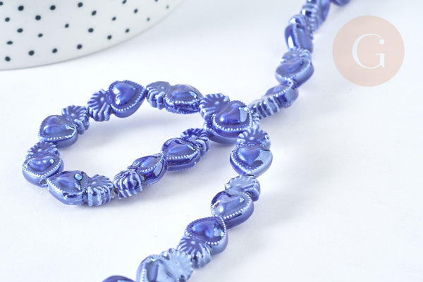 Perle Porcelaine Cœur bleu foncé irisé 15,7mm, bijoux céramique, fil de 36cm, x1 G7444
