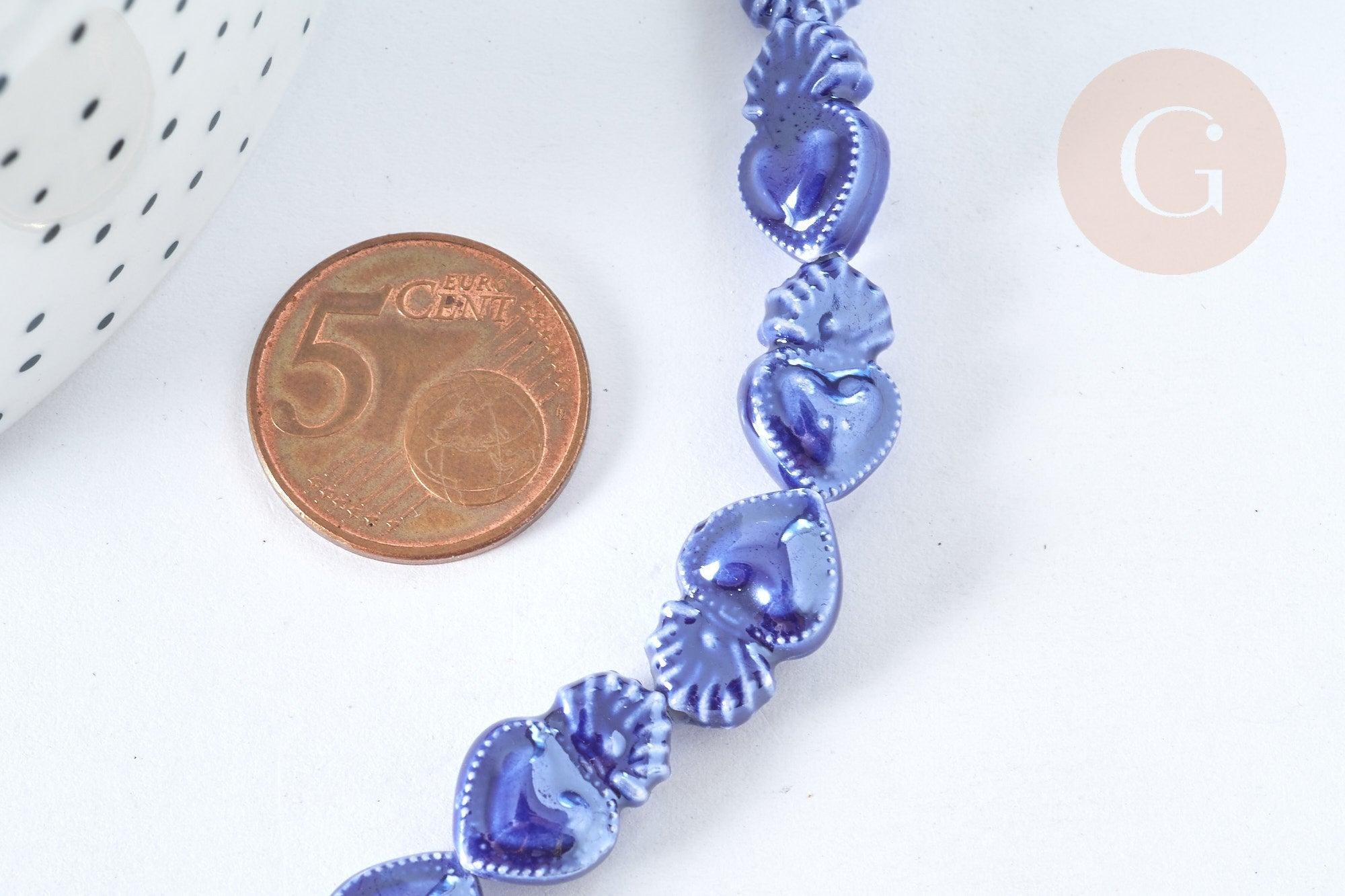 Perle Porcelaine Cœur bleu foncé irisé 15.7mm, x1 fil de 36cm (G7444)