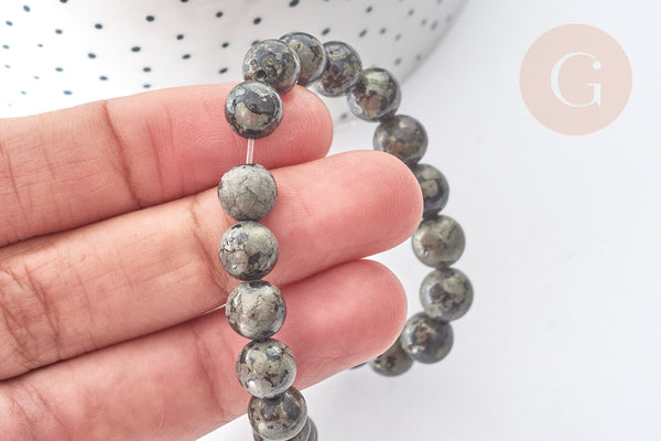 Perle Pyrite Ronde naturelle grise-dorée 8mm, pierre naturelle, x1 fil de 20cm (G7868)