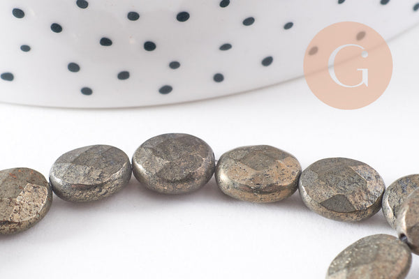 Perle Pyrite ovale facettée naturelle grise 10mm, perle bijoux pierre naturelle, x1 le fil de 38 cm (G7875)