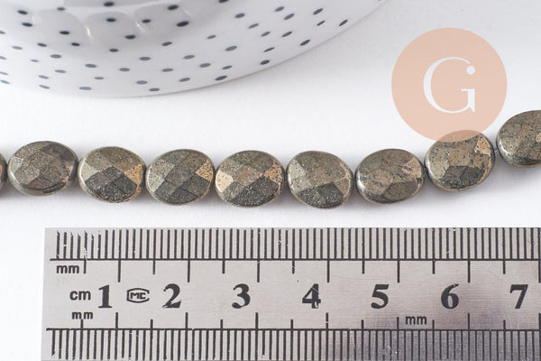 Perle Pyrite ovale facettée naturelle grise 10mm, perle bijoux pierre naturelle, x1 le fil de 38 cm (G7875)