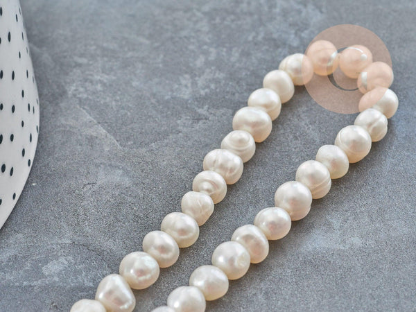 Perle Ronde eau douce naturelle blanc 6~8mm, perle de culture , fil de 17cm, x1 (G9149)