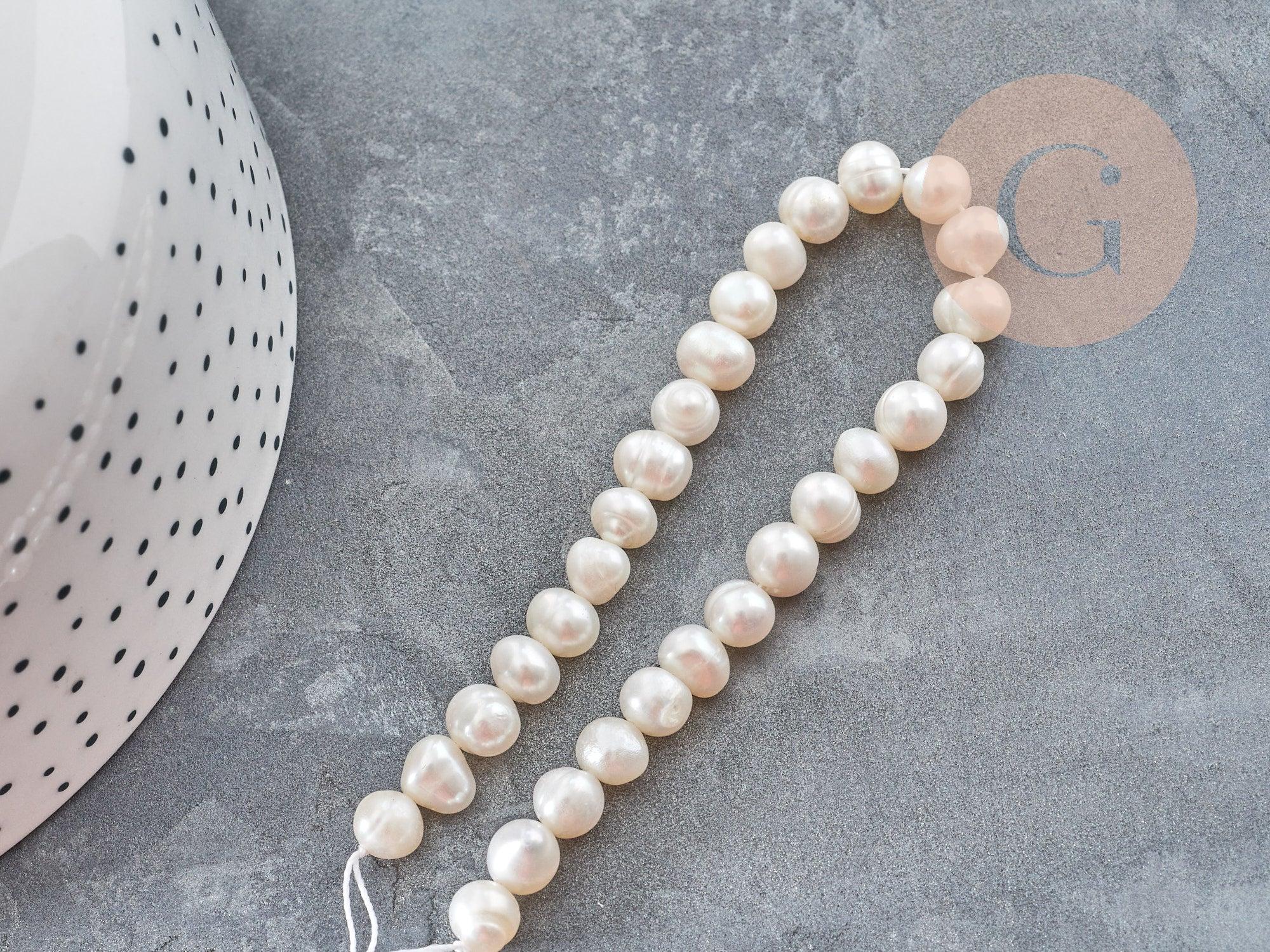 Perle Ronde eau douce naturelle blanc 6~8mm, perle de culture , fil de 17cm, x1 (G9149)