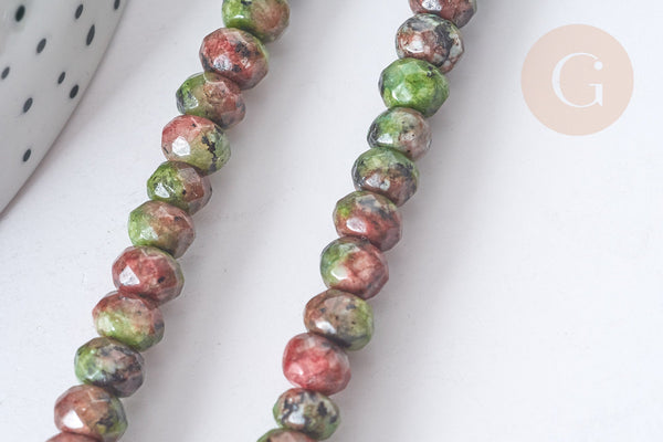 Perle Rondelle Jaspe de sésame teintée facettée vert rouge 6x4mm, pierre, le fil de 37.5cm, x1 (G7869)