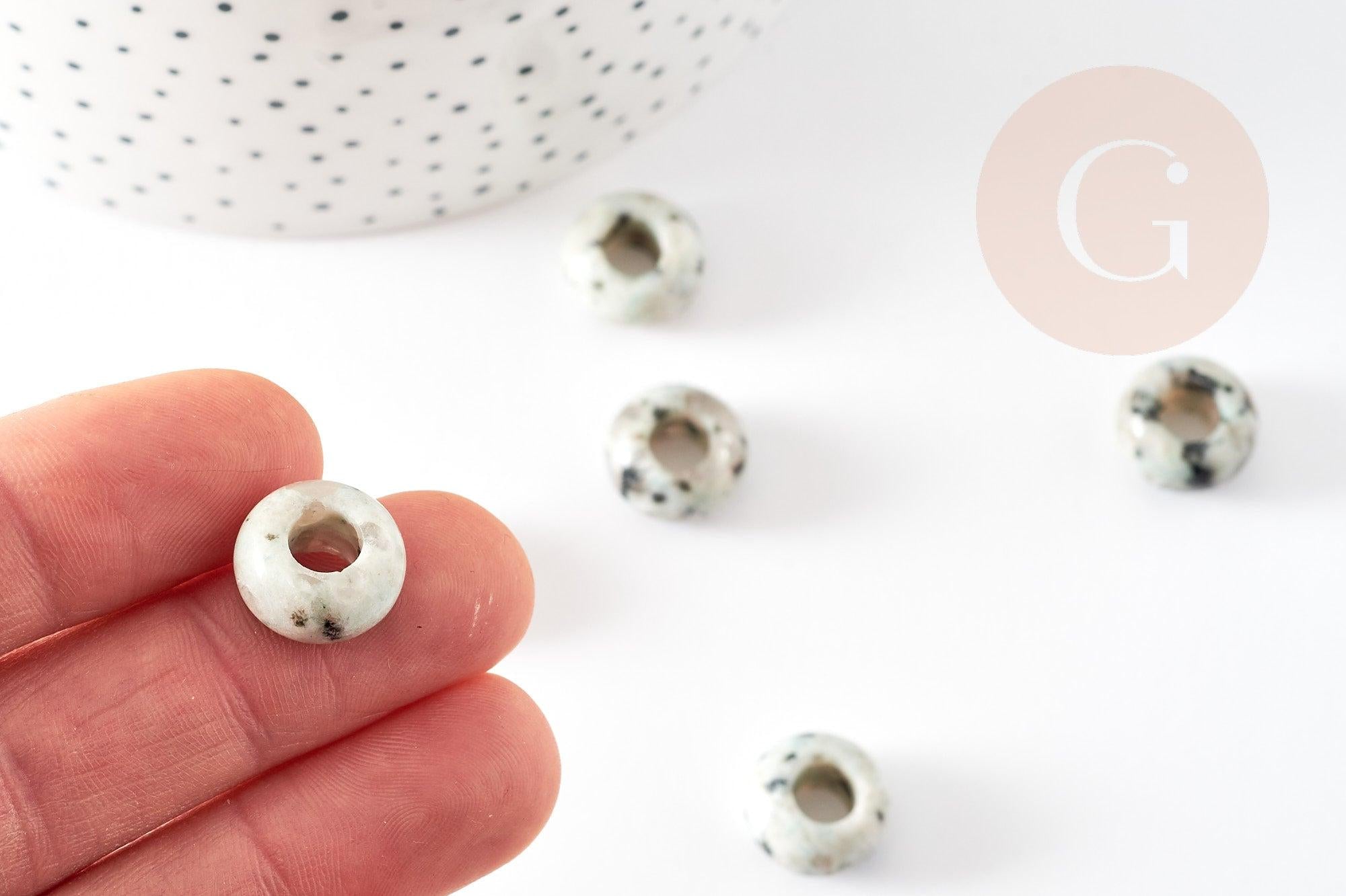 Perle Rondelle donut Jaspe sésame blanc naturelle 14mm, rondelle pierre pour création bijoux x2 (G9213)