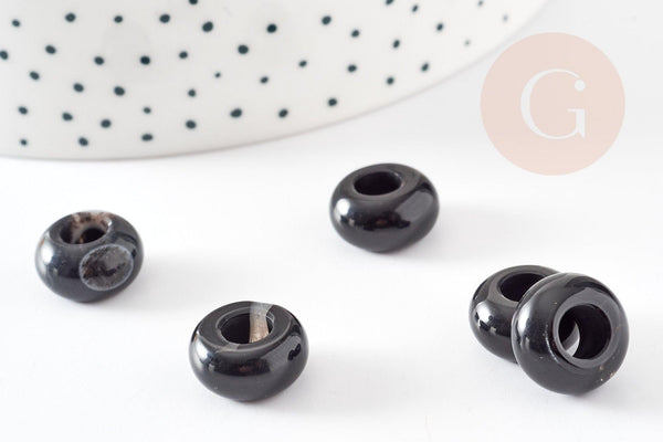 Perle Rondelle donut agate naturelle noire 14mm,rondelle pierre pour création bijoux x2 (G9209)