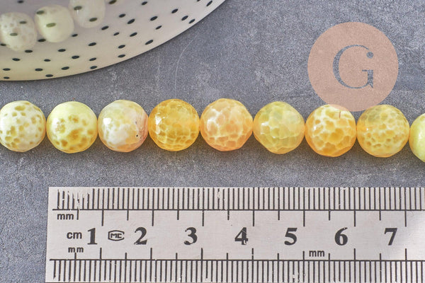 Perle agate feu rayée jaune, pierre naturelle, perle pierre ronde, 10mm, fil de 39cm, x1 (G2649)