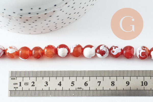 Perle agate naturelle feu rayée orange, 10mm, fil de 38cm, x1 (G1862)
