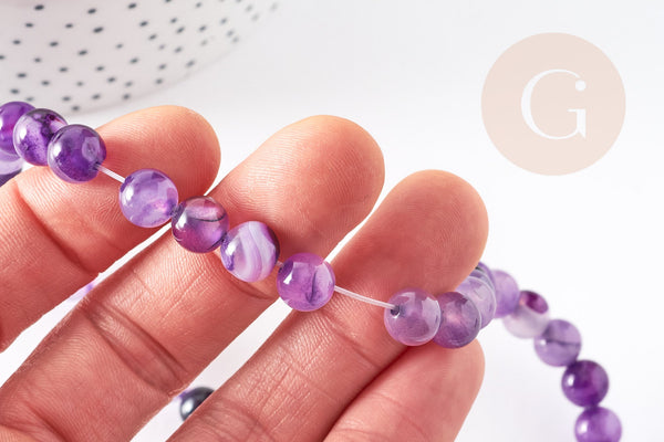 Perle agate rayée violet ronde agate pierre naturelle, fil de 45 perles environ ,8mm, x1 (G3669)