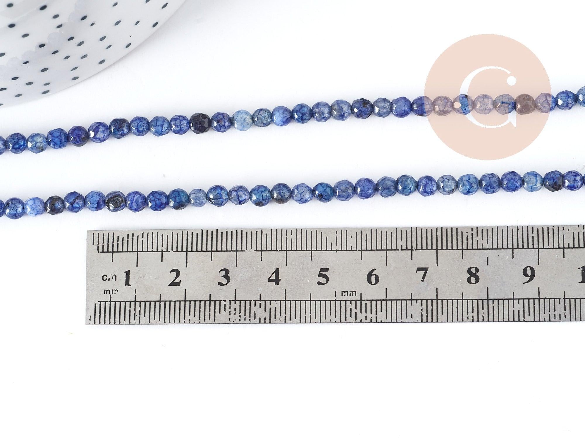 Perle agate ronde facettées agate naturelle bleue 4mm, pierre DIY, fil de 37cm, x1 (G8978)
