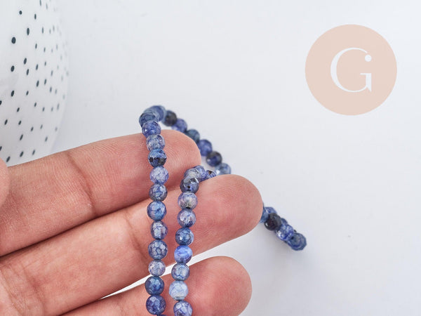 Perle agate ronde facettées agate naturelle bleue 4mm, pierre DIY, fil de 37cm, x1 (G8978)