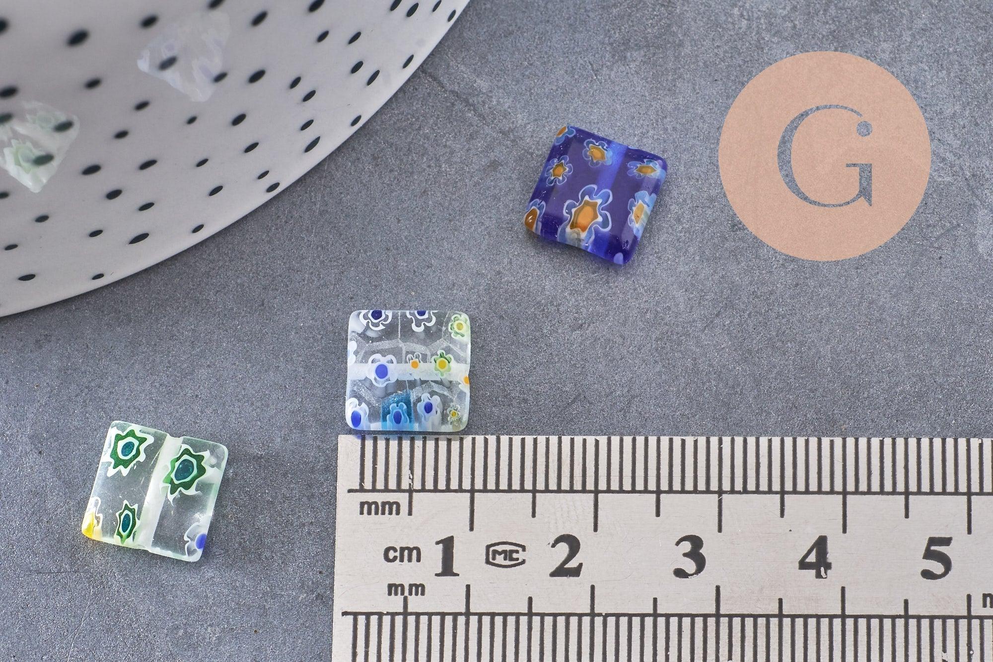 Perle carrée verre millefiori, perle verre,verre artisanal, perle bijou été, 10mm, x5 (G2614)