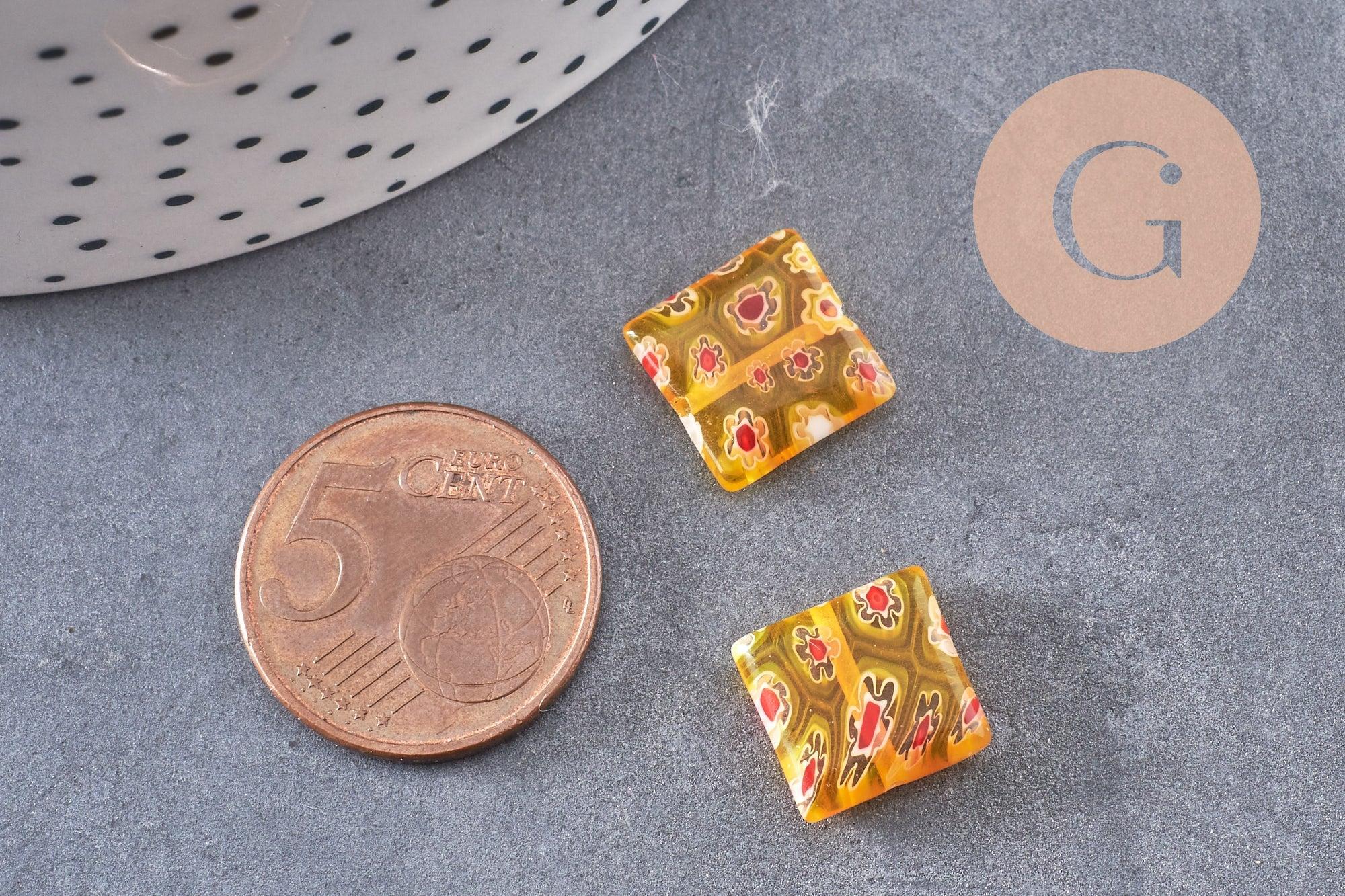 Perle carrée verre millefiori, perle verre,verre artisanal, perle bijou été,création bijoux 11mm, x5 (G5366)