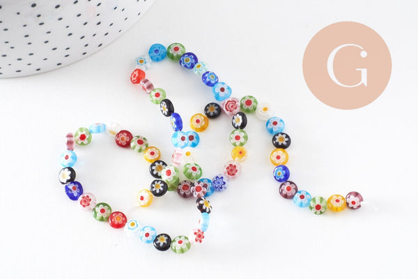 Perle cercle verre millefiori 6mm, perle verre chance, perle artisanale verre, perle bijou été, fil de 35 cm, x1 (G5384)