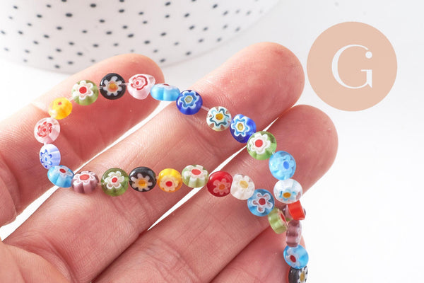 Perle cercle verre millefiori 6mm, perle verre chance, perle artisanale verre, perle bijou été, fil de 35 cm, x1 (G5384)