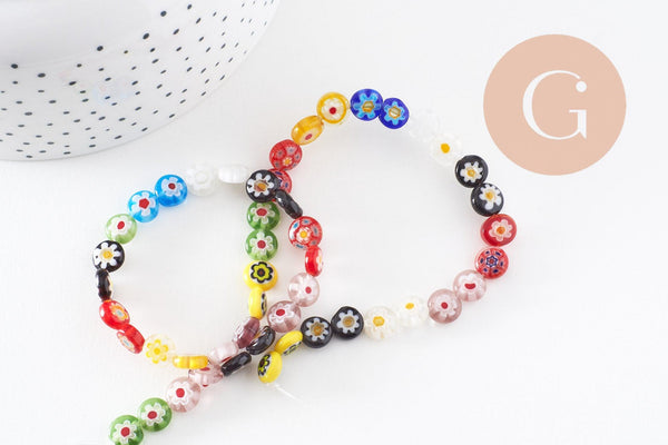Perle cercle verre millefiori 8mm, x1 fil de 34cm (G5678)