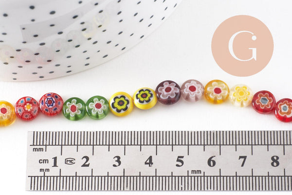 Perle cercle verre millefiori 8mm, x1 fil de 34cm (G5678)