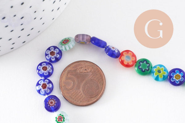 Perle cercle verre millefiori, perle verre chance, perle artisanale verre,perle bijou été, 8mm,le fil de 45 perles, x1 (G2804)