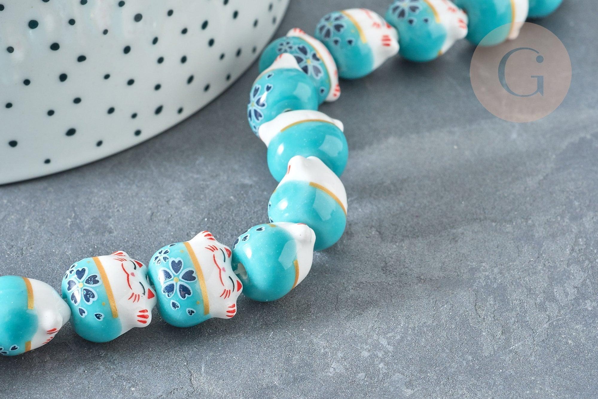 Perle chat porte-bonheur Porcelaine blanc turquoise 14mm, x5 (G8186)