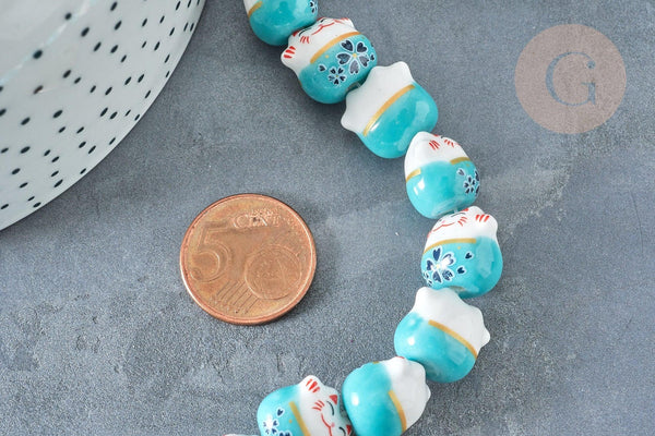 Perle chat porte-bonheur Porcelaine blanc turquoise 14mm, x5 (G8186)