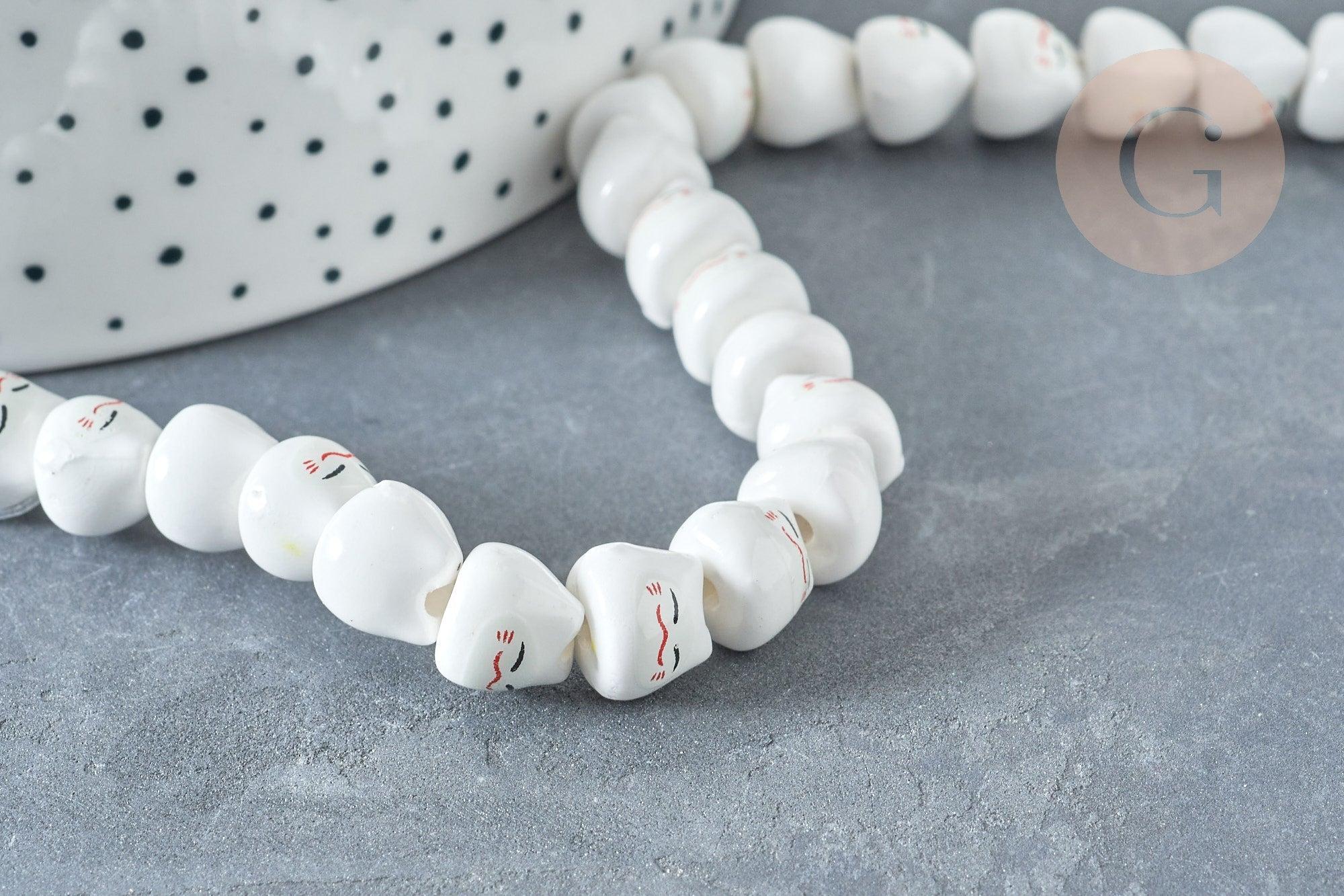 Perle chat porte-bonheur Porcelaine blanche 10mm, x5 (G8185)