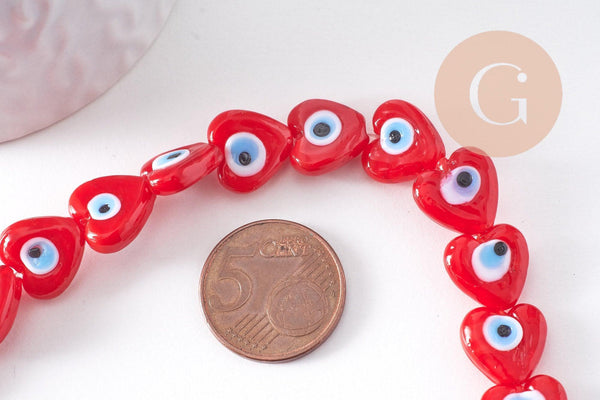 Perle coeur Mauvais Oeil verre rouge 12mm, x1 fil de 35cm (G10393)