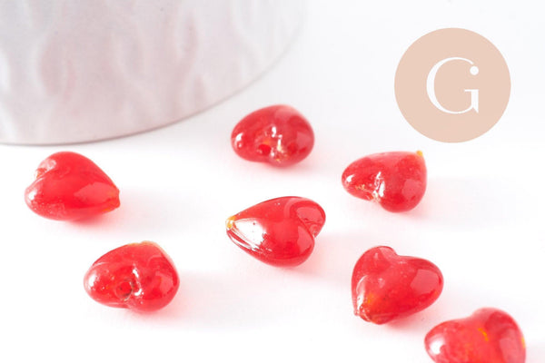 Perle coeur en verre rouge artisanal façon Murano 12mm, x10 (G10389)