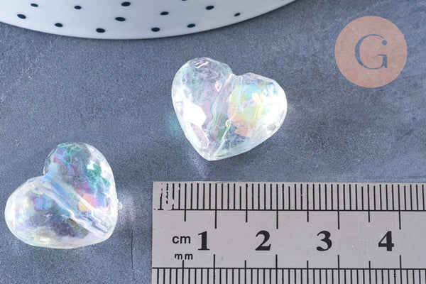 Perle coeur facette plastique transparent irisé 16mm , perle plastique coeur,x 5 perles G6436