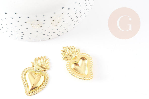 Perle coeur flamme zamac doré 40mm, x2 (G3687)