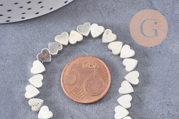 Perle coeur hématite de synthèse argenté 6mm, fil de 40cm x1 (G4107)