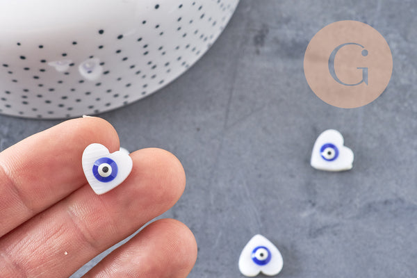 Perle coeur nacre naturelle blanche mauvais oeil 12mm, x10 (G3292)