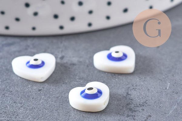 Perle coeur nacre naturelle blanche mauvais oeil 12mm, x10 (G3292)