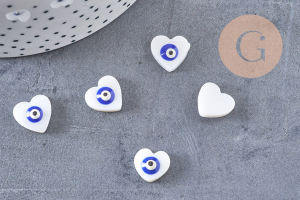 Perle coeur nacre naturelle blanche mauvais oeil 12mm, x10 (G3292)