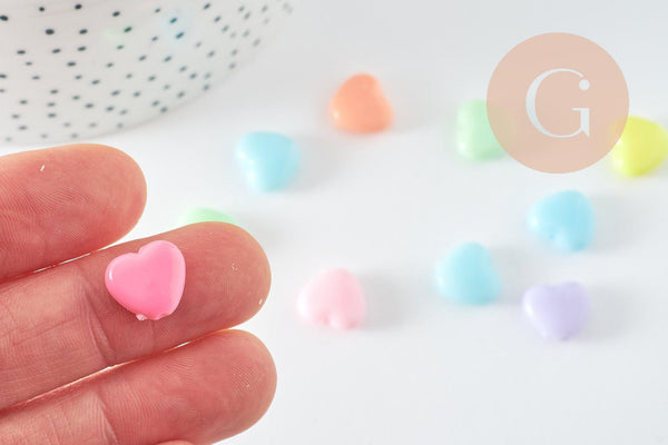 Perle coeur plastique multicolore plastel,pendentif acrylique,création bijoux plastique coloré, 12mm, x20 G3373
