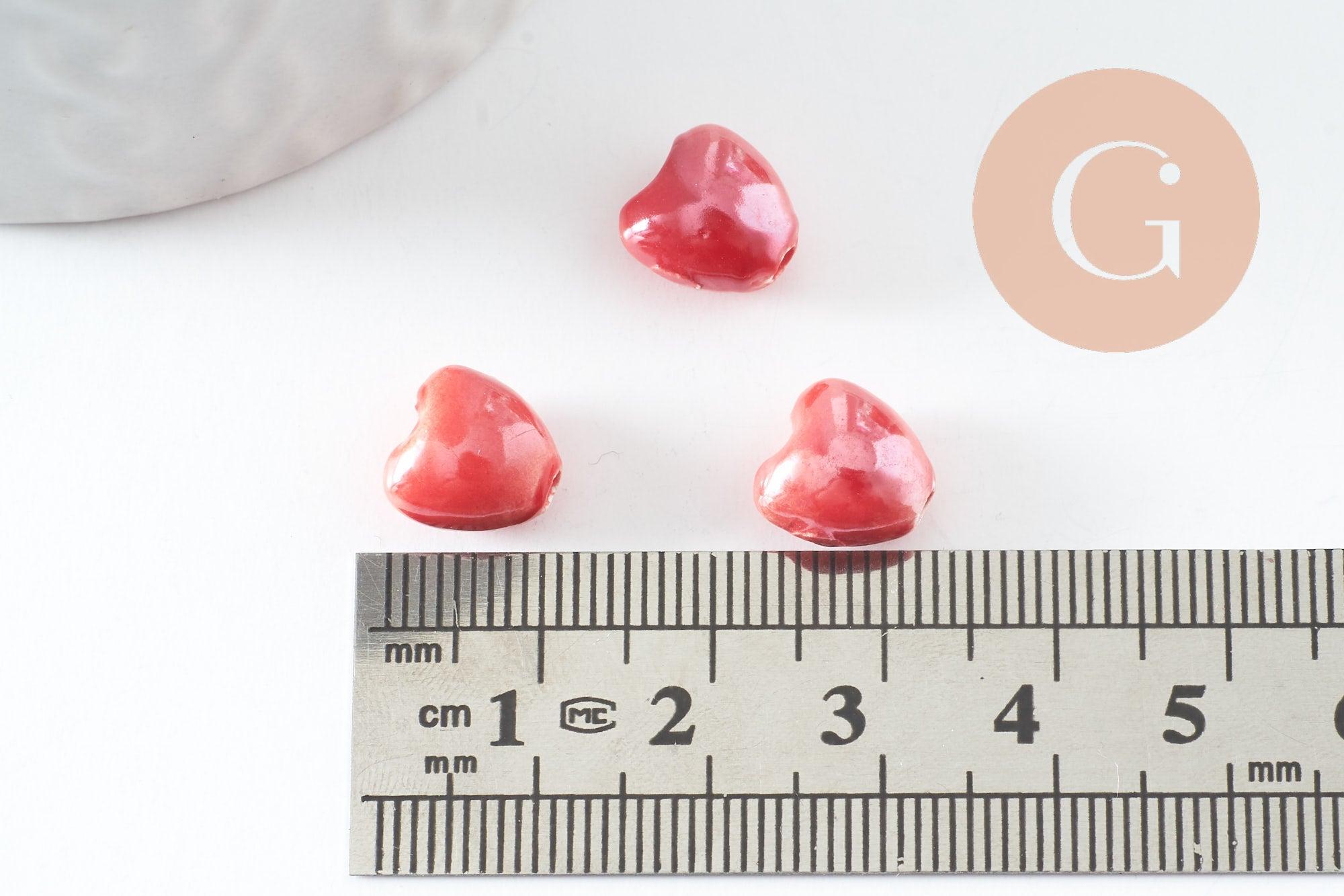 Perle coeur porcelaine rouge irisé 12mm, x5 (G9773)