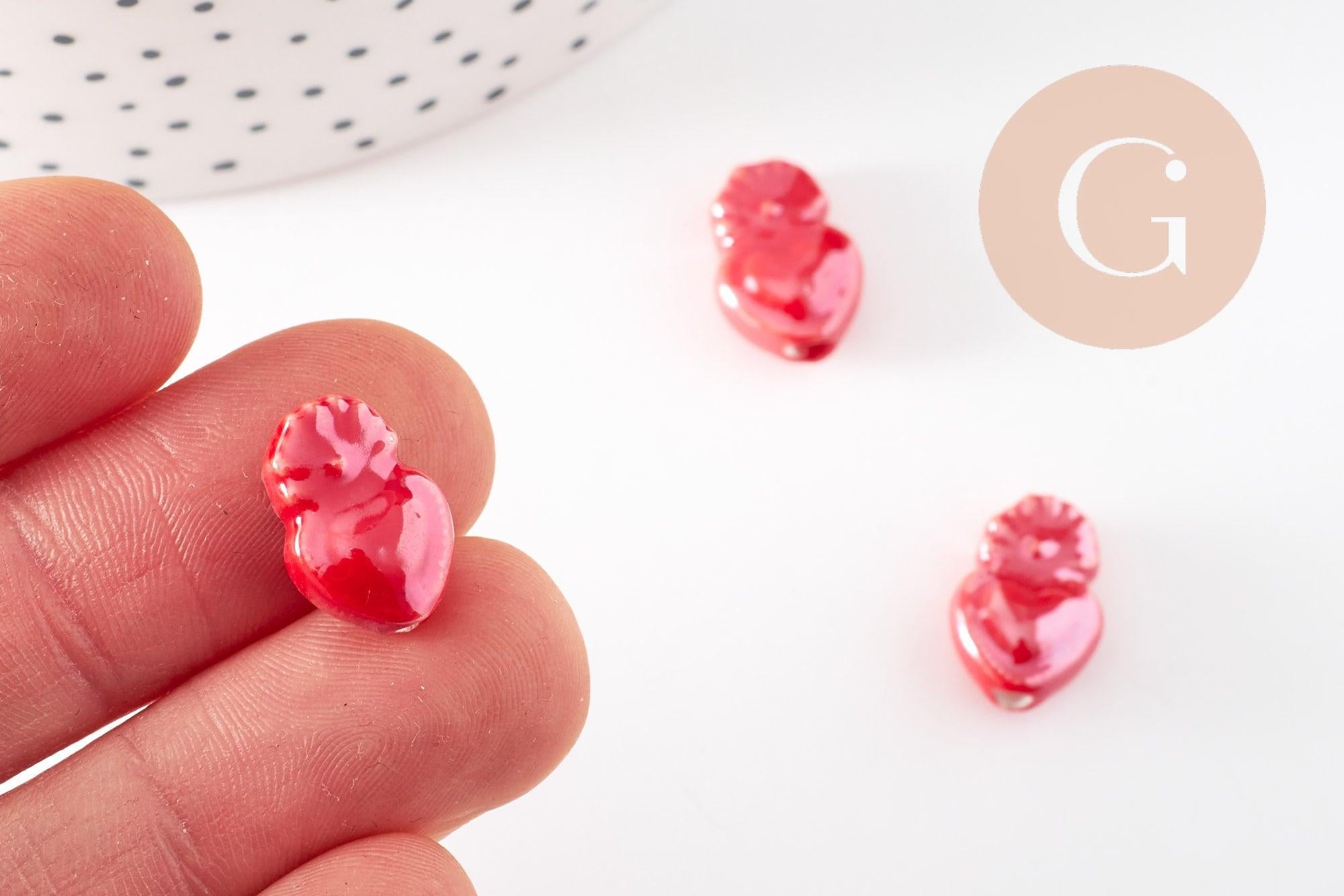 Perle coeur porcelaine rouge irisé 16mm, perle céramique, fabrication bijoux, x10 (G9347)