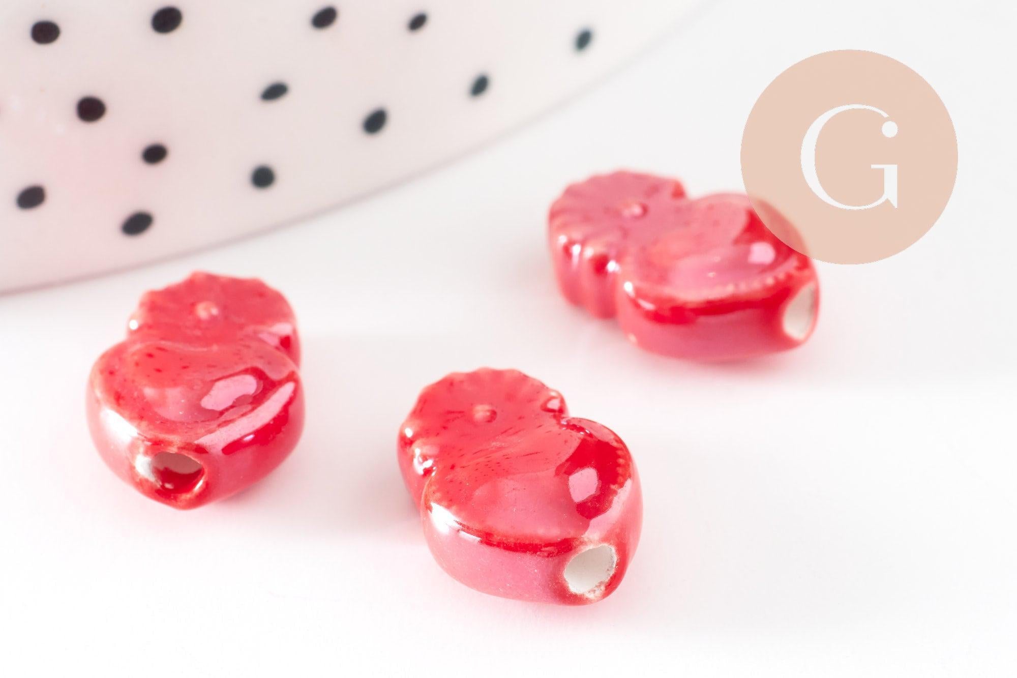 Perle coeur porcelaine rouge irisé 16mm, perle céramique, fabrication bijoux, x10 (G9347)