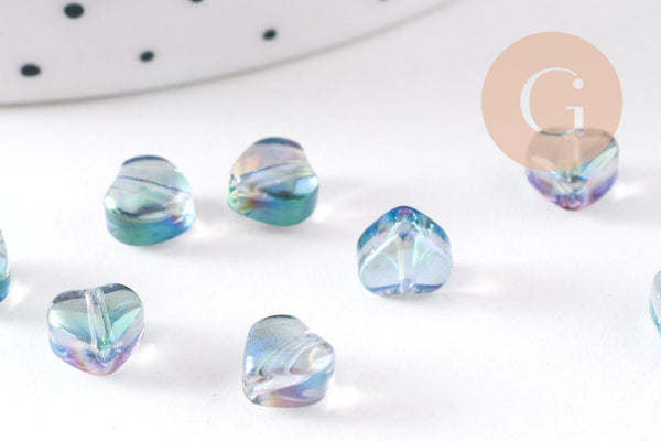 Perle coeur verre bleu irisé 6mm, des perles en verre pour création bijoux, x10 (G6249)