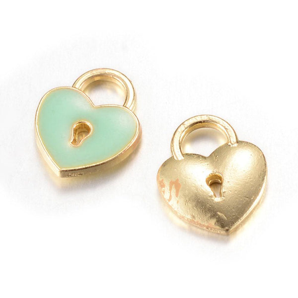 Perle coeur zamac doré cadenas émail vert 13x11mm, création bijou amour amitié x5 G5309