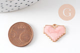 Perle coeur zamac doré émail rose nacré 15x18mm, création bijou amour amitié x1 (G5310)