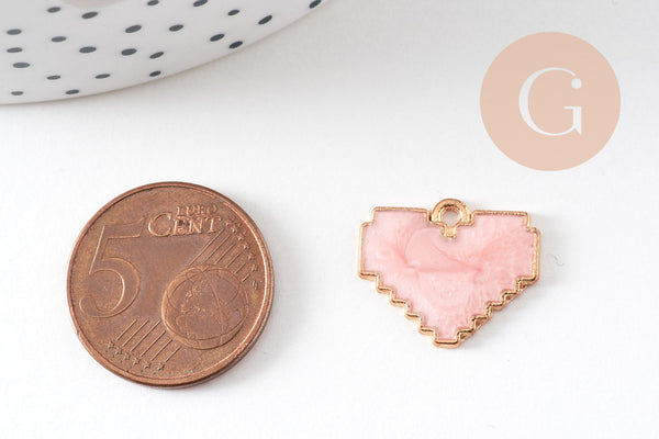 Perle coeur zamac doré émail rose nacré 15x18mm, création bijou amour amitié x1 (G5310)