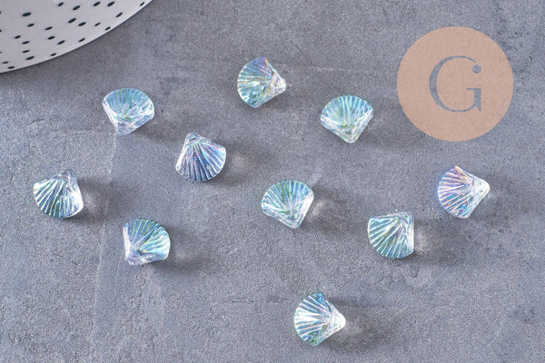 Perle coquillage verre transparent bleu clair 10.5mm, perles verre tchèque, verre bleu, x10 perles (G4375)