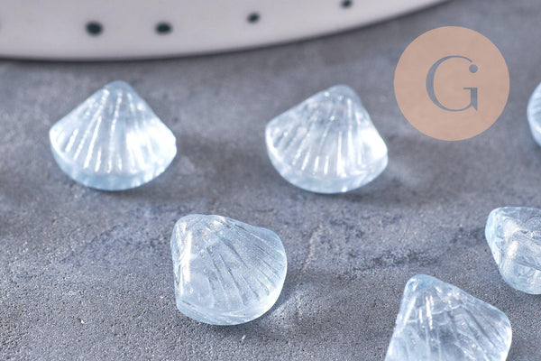 Perle coquillage verre transparent bleu, perles verre tchèque, perle coquille verre bleu, x10 (G5441)