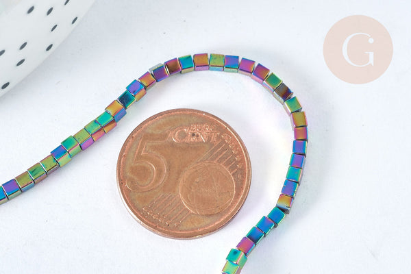 Perle cube hématite de synthèse multicolore 2mm, création bijoux DIY, le fil de 39cm, X1 (G7407)