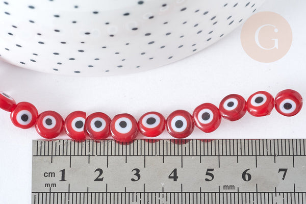 Perle disque Mauvais Oeil Grecque verre rouge, le fil de 36.9cm, x1 (G7288)