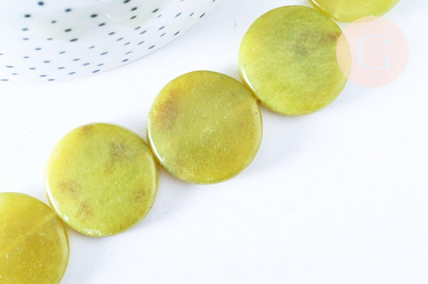 Perle disque jade naturel jaune 25mm,bijoux pierre naturelle, x5 G6466