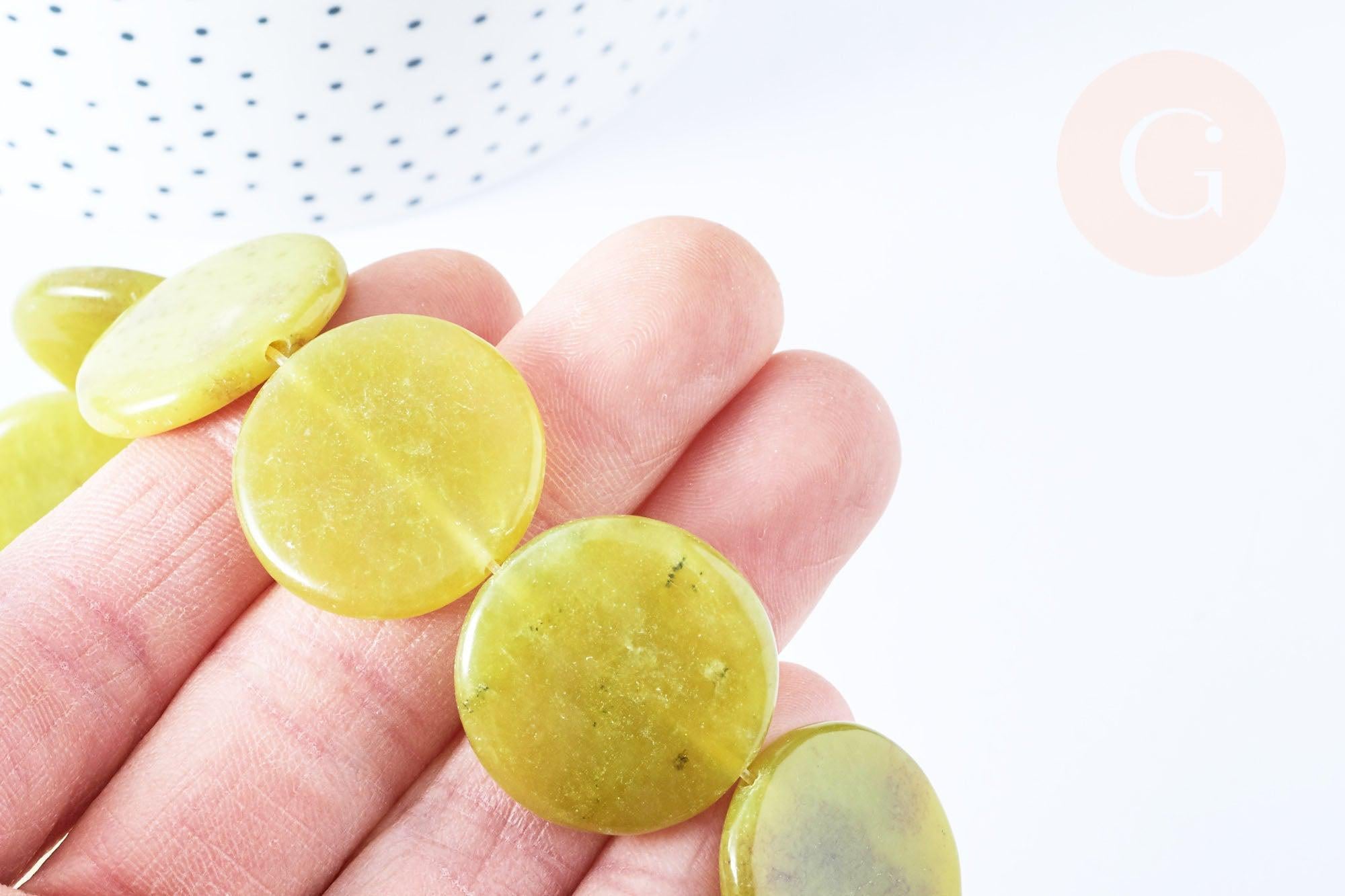 Perle disque jade naturel jaune 25mm,bijoux pierre naturelle, x5 G6466